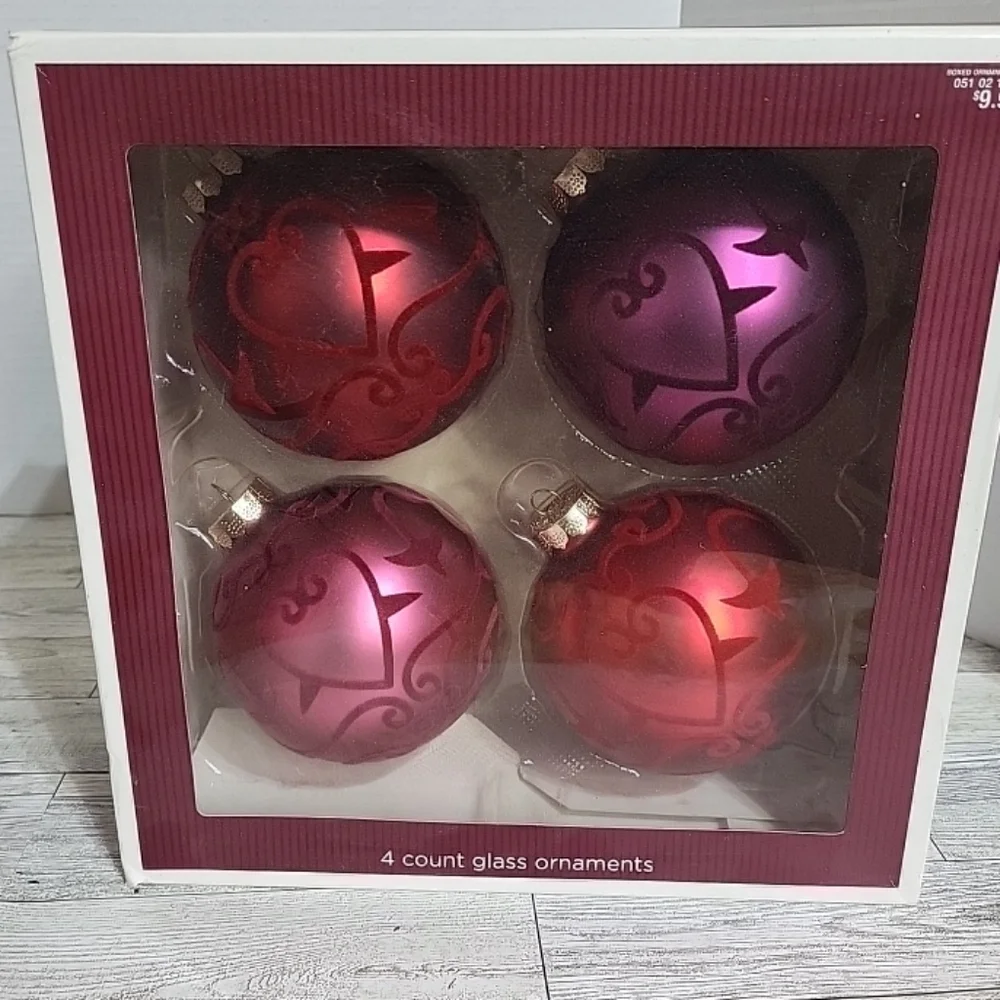 Glass Ornaments With Felt Heart Design 4 Pack NEW‎ Jewel Tones 4